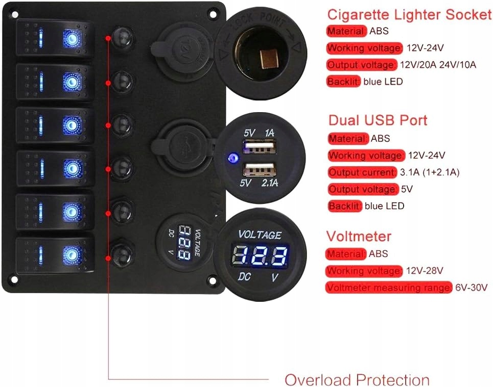 ПАНЕЛ ЗА МОРСКИ ЛОДКИ ЦИФРОВ ВОЛТМЕТЪР ДВОЙНИ USB ПОРТА 12V Product image