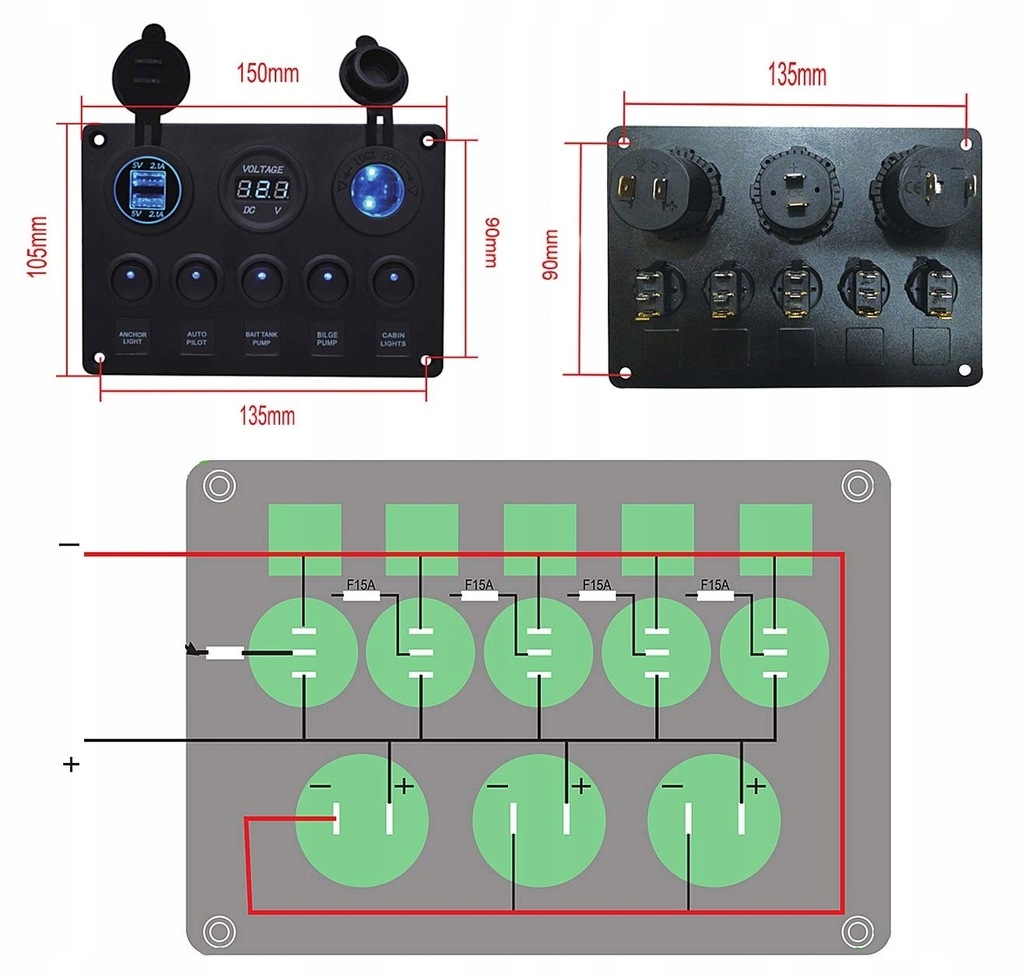 ПАНЕЛ ЗА МОРСКИ ЛОДКИ ЦИФРОВ ВОЛТМЕТЪР ДВОЙНИ USB ПОРТА 12V Product image