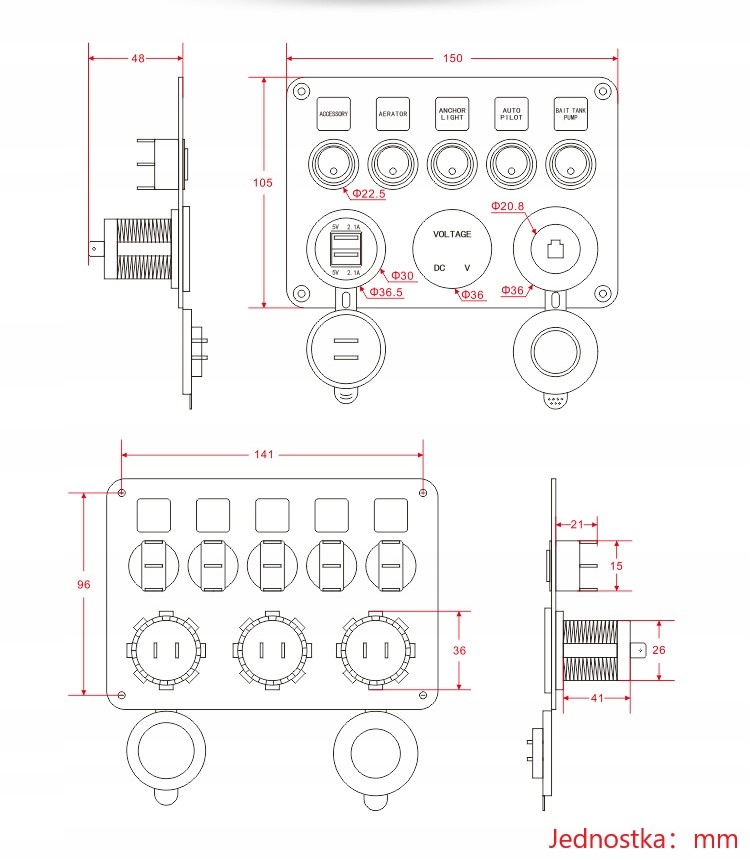 ПАНЕЛ ЗА МОРСКИ ЛОДКИ ЦИФРОВ ВОЛТМЕТЪР ДВОЙНИ USB ПОРТА 12V Product image